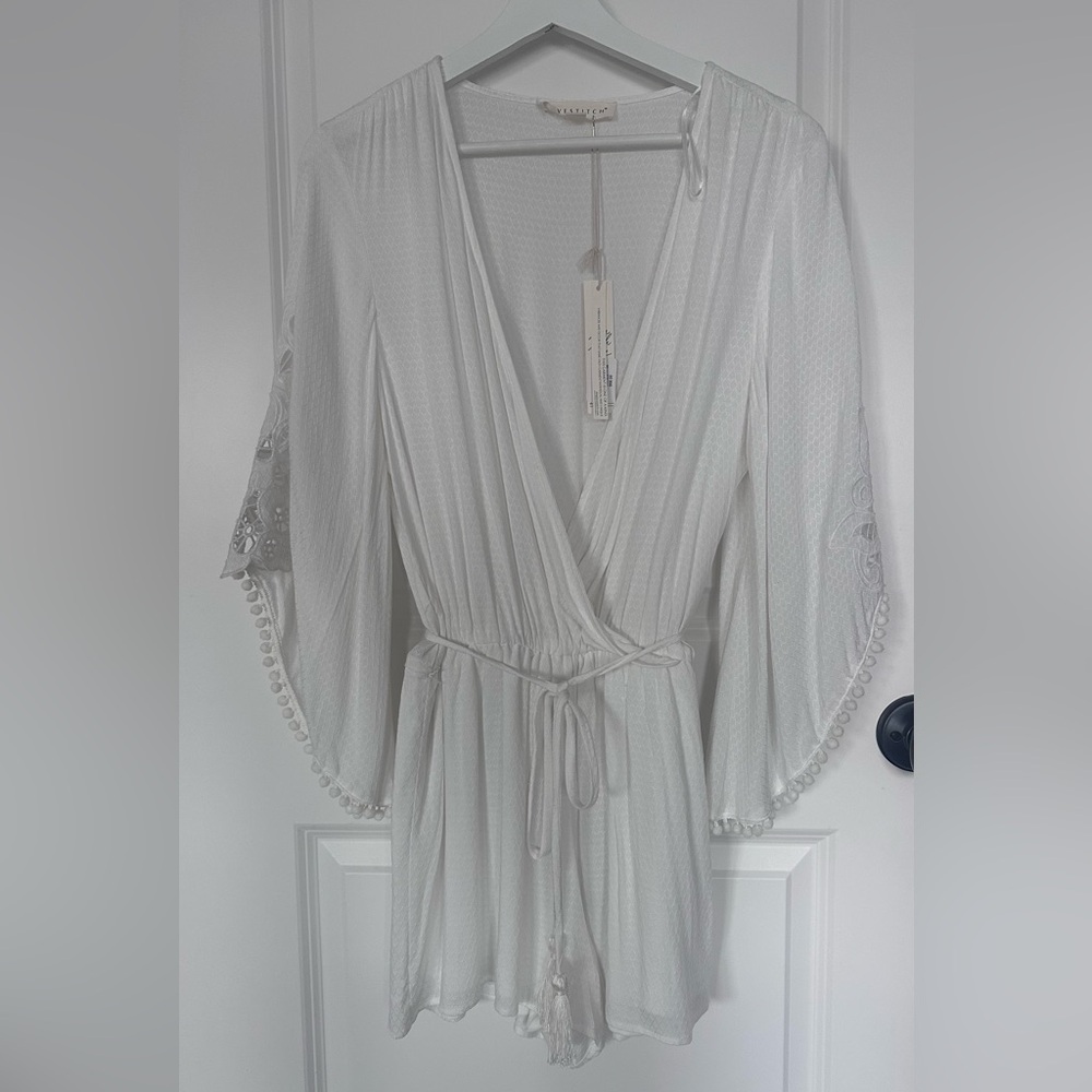 White Wrap Romper with Lace Sleeves